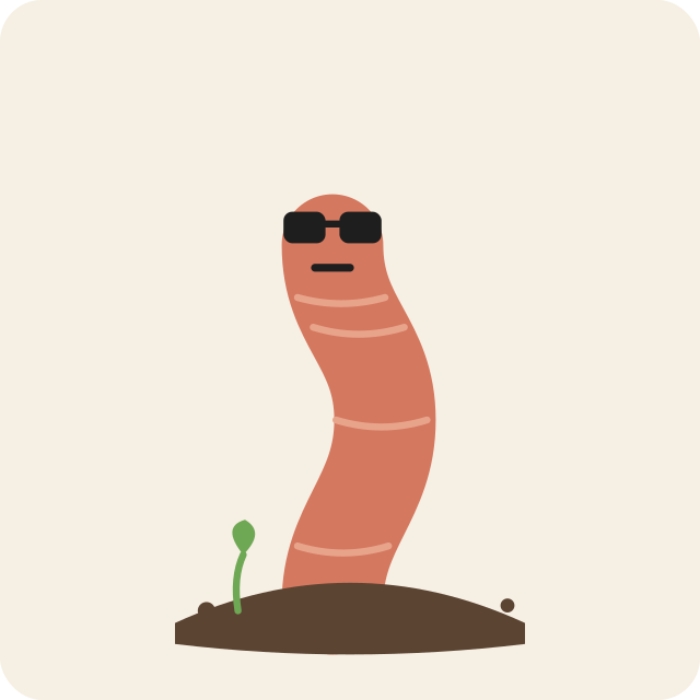 Doug, a calm terracotta earthworm in tiny sunglasses, standing on a soil mound